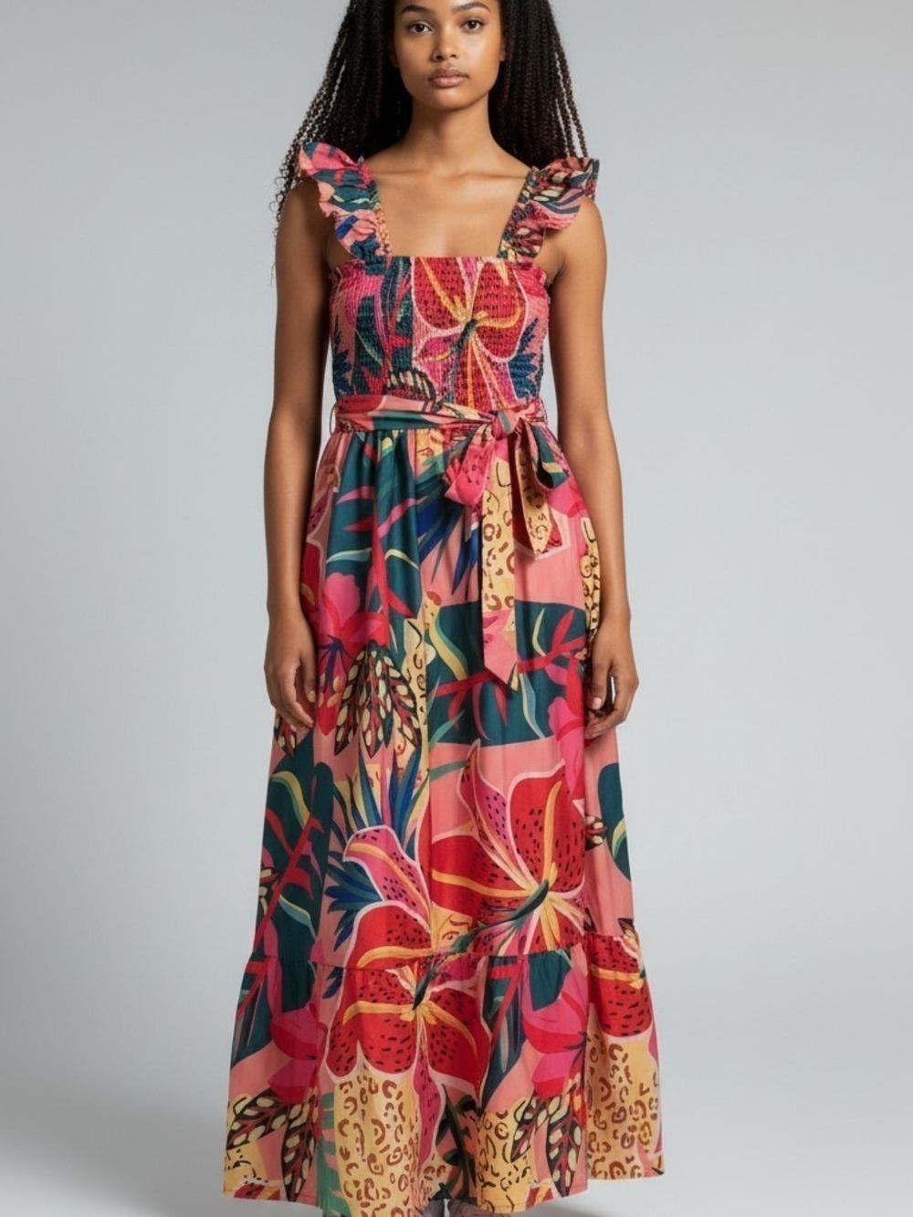 Floral Print Smocked Maxi Dress - Pink Multi